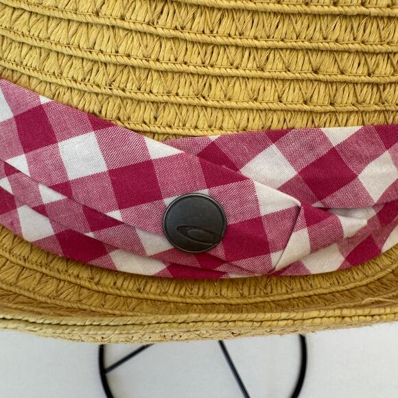 OAKLEY Hat Womens Straw Fedora Pink Gingham Plaid Band Spring Summer Vacation - Picture 5 of 7